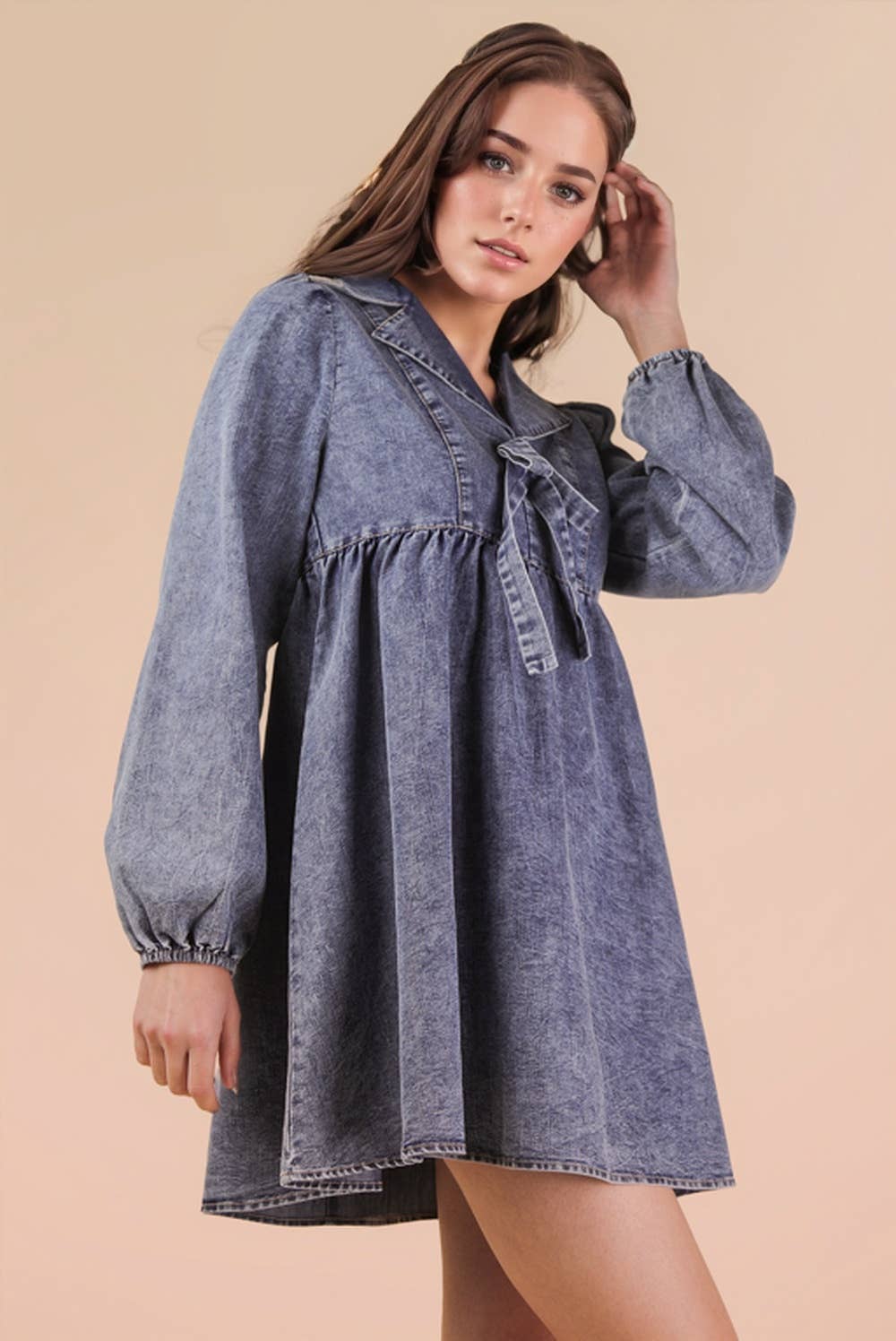 VERY J - Wholesale Dress - Women's - ND31904-Washed Chambray Collared Mini Dress1