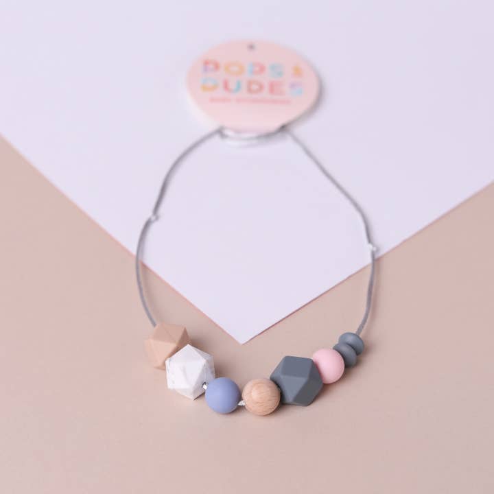 Grey geo pop teething necklace for wholesale by Pops and Dudes