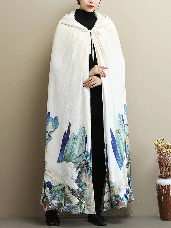 White Thickened Vintage Printed Cape Coat for wholesale on Faire0