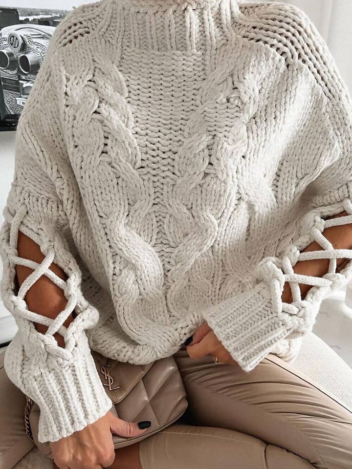 justyouroutfit - Wholesale Knit Sweater - Women's - Braided Sleeve Chunky Knitted Jumper1