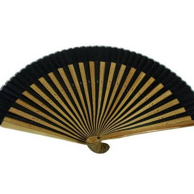 Leque Dobrável de Seda Preta com Bambu Castanho e Preto #HF-79 por atacado de World Treasure Trading