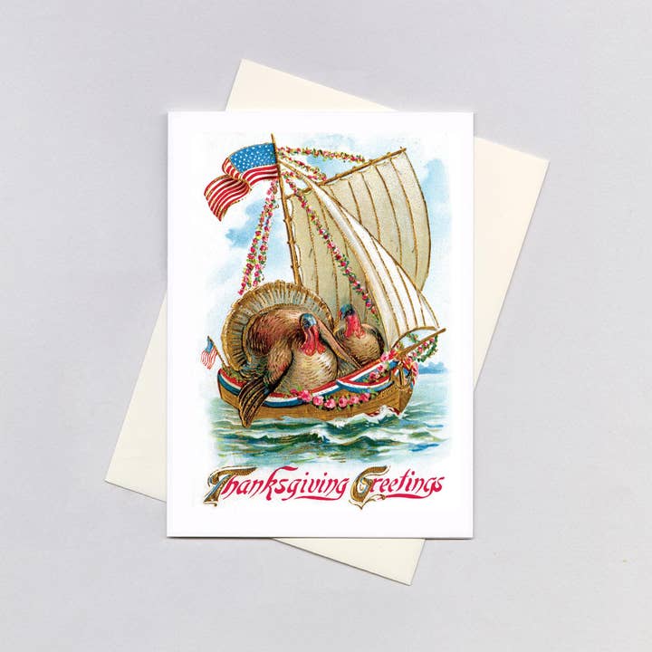 Two Turkeys in a Boat - Thanksgiving Greeting Card for wholesale by Laughing Elephant