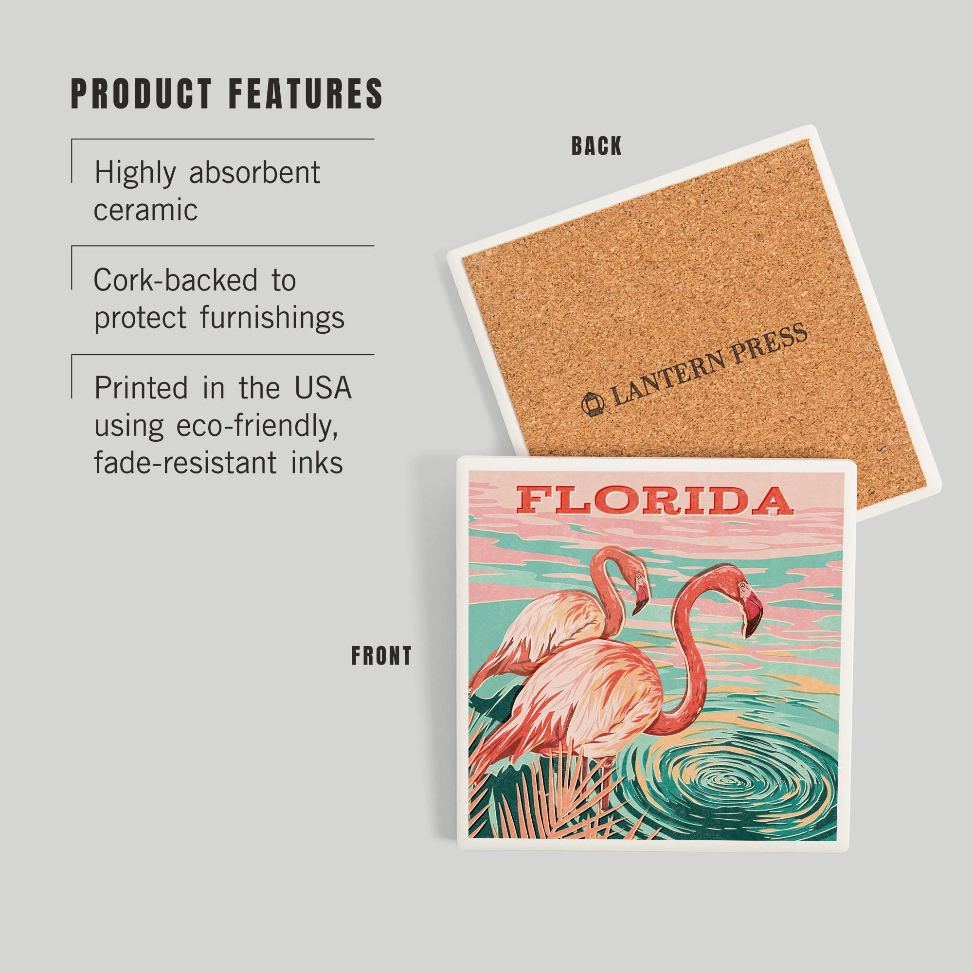 Lantern Press - Wholesale Coasters - CERAMIC COASTER Florida, Vintage Print Press, Flamingo2