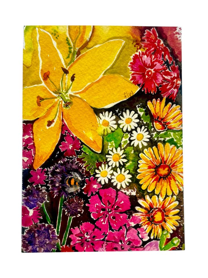Celia’s garden A6 bright floral watercolour greetings card for wholesale by Au Faye