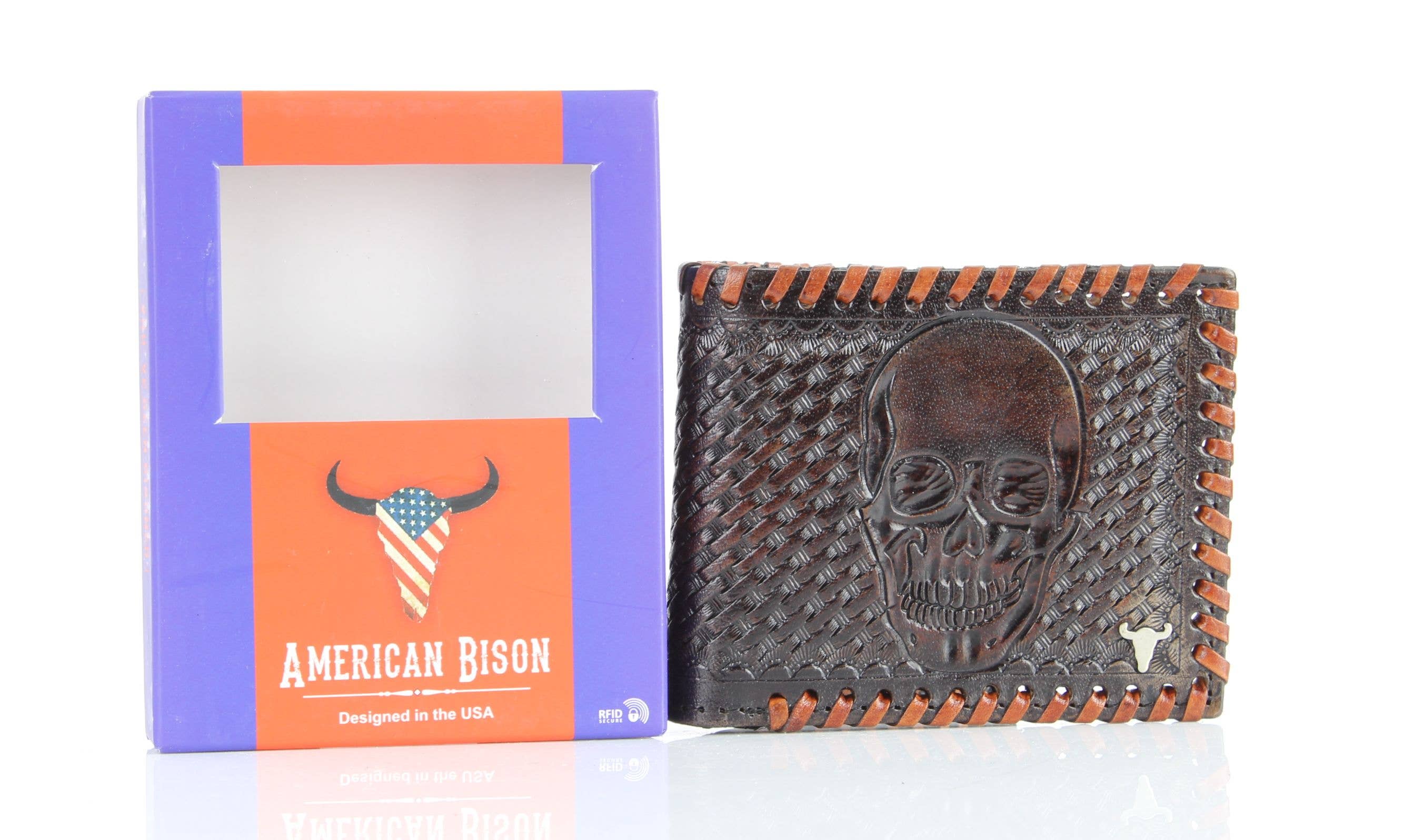 Leather Impressions Inc – Carteira – Homem por atacado – Carteira Americana Bison Lace Edge Pele Tooled Caveira Bifold9