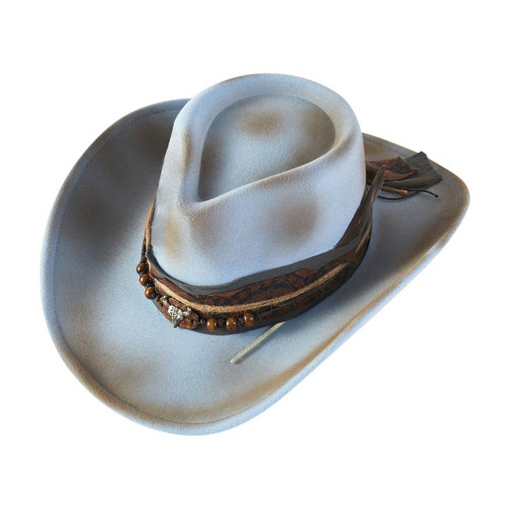 Sensibling Corp. - Wholesale Cowboy Hat – Women’s - Steer Head Accent Feather Beaded Band Rustic Vintage Distressed Western Cowgirl Fedora Hat2