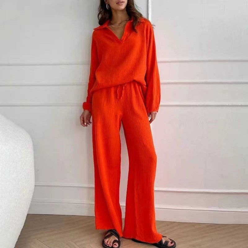 UZ Wholesale Store – wholesale Top & pants set (NOT Loungewear) – Women's – Solid Color Long Sleeve Lapel Blouse and Pants Set3