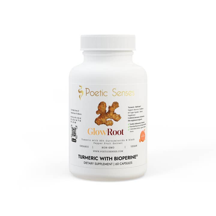 GlowRoot™ Curcuma avec BioPerine® (Extrait de Fruit de Poivre Noir) Supplément (60 Gélules) pour la vente par Poetic Senses