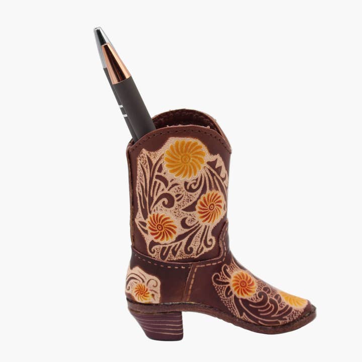 Leather cowboy Boot western Pen Holder sunflower for wholesale by Sunflower Handmade leather inc
