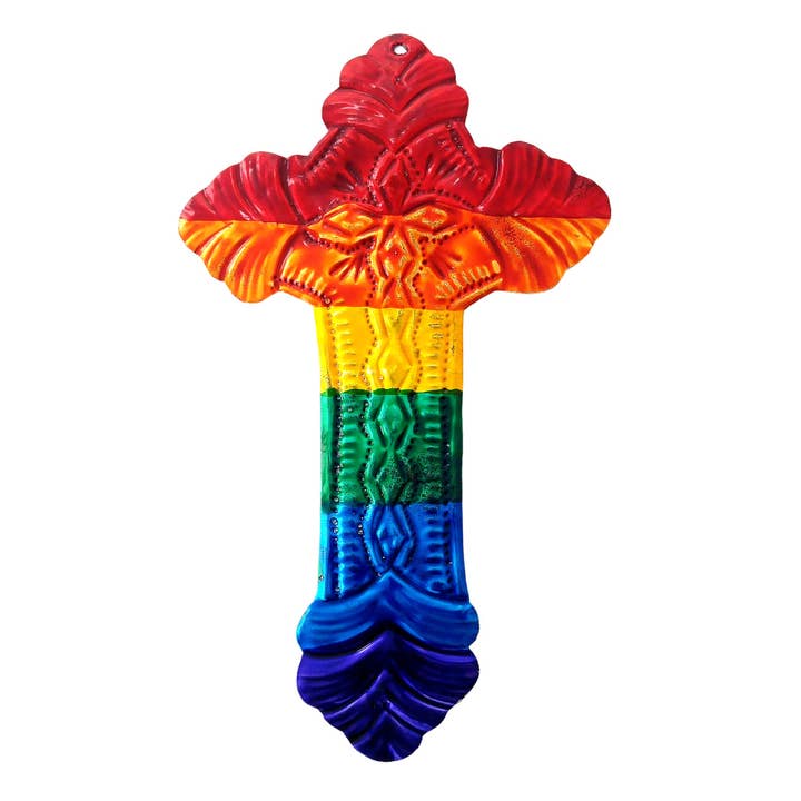 Handcrafted Tin Cross in Rainbow Colors for wholesale by Sedona Spirit