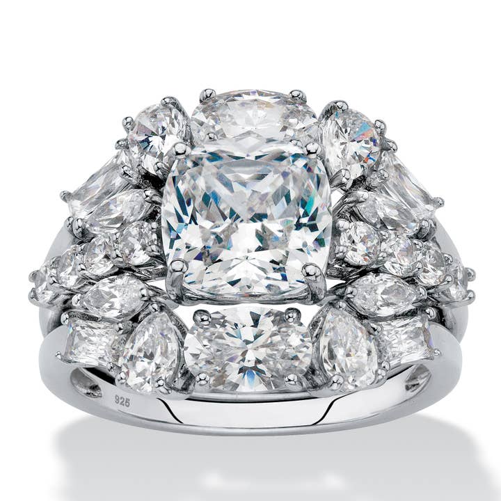 Cushion-Cut CZ 2-Piece Wedding Ring Set in Platinum Silver for wholesale by PalmBeach Jewelry