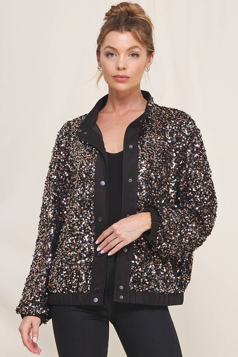 Black Rose Silver Fun Sequins Bomber Jacket for wholesale on Faire