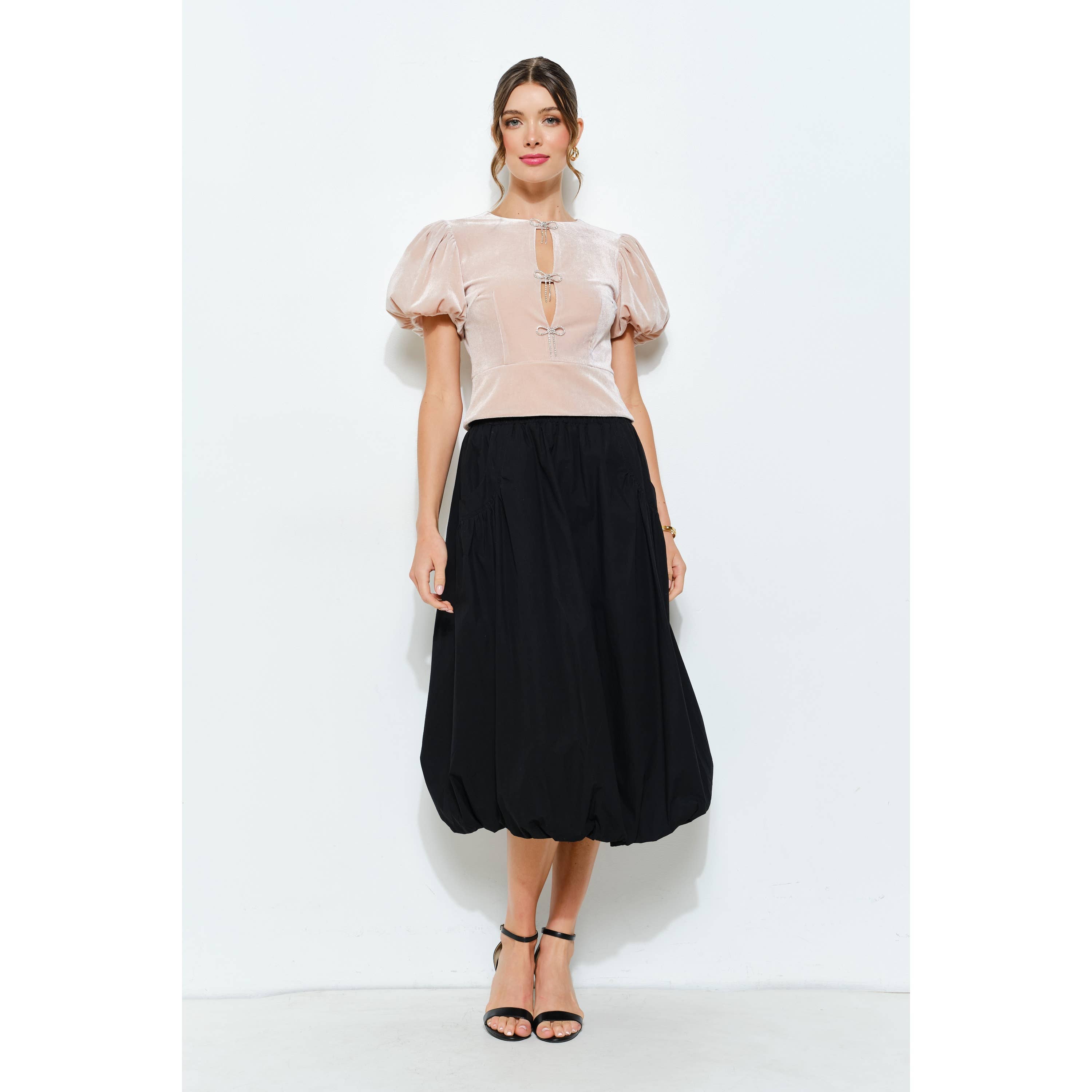 INA - Wholesale Blouse - Women's - Rhinestone Bow Cutout Velvet Puff Sleeve Top4