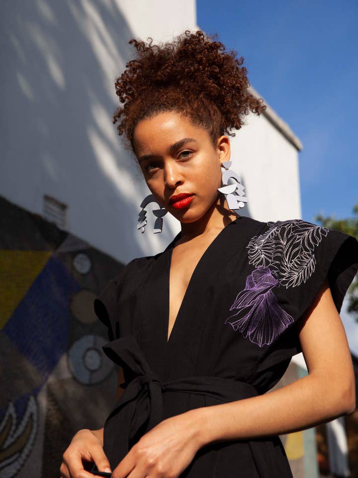 Bibi Embroidered Black Cotton Kimono Dress for wholesale by Indoi