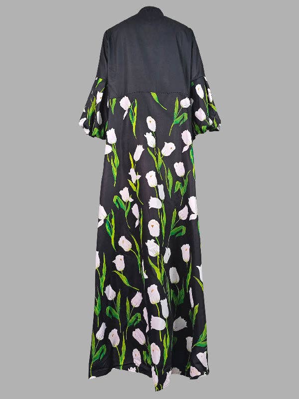 NOIR Manteaux Trench à Manches Longues Amples Imprimés Floraux Plissés à Fente et Col Montant en vente sur Faire5