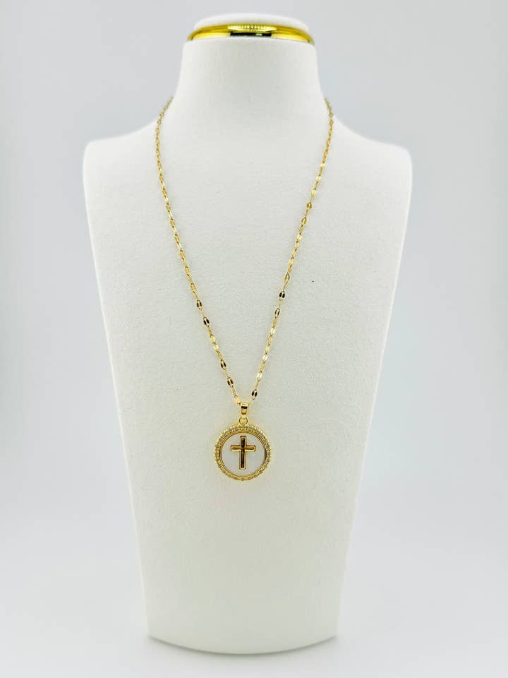 Mother of pearl cross necklace 18k gold filled for wholesale by Bella Blu Designs