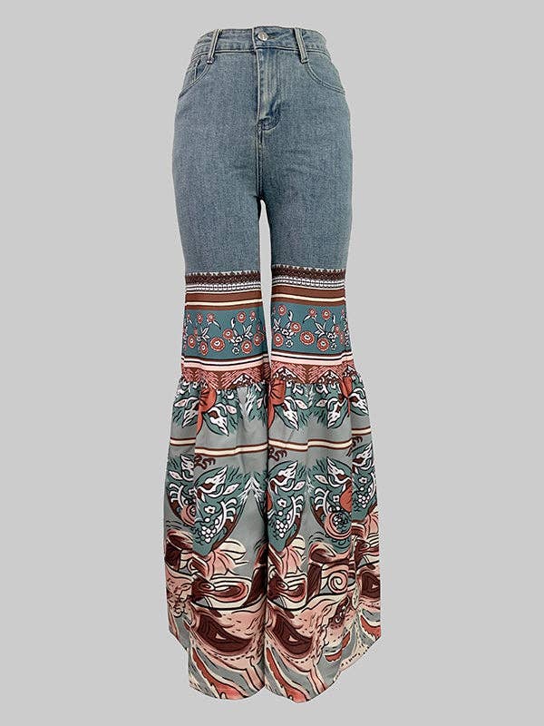 BLUE Flared Pants Floral Printed High-Waisted Pockets Jean Pants Bottoms for wholesale on Faire4