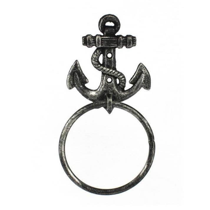 Antique Silver Cast Iron Anchor Towel Holder 8.5" for wholesale by Hampton Ironworks