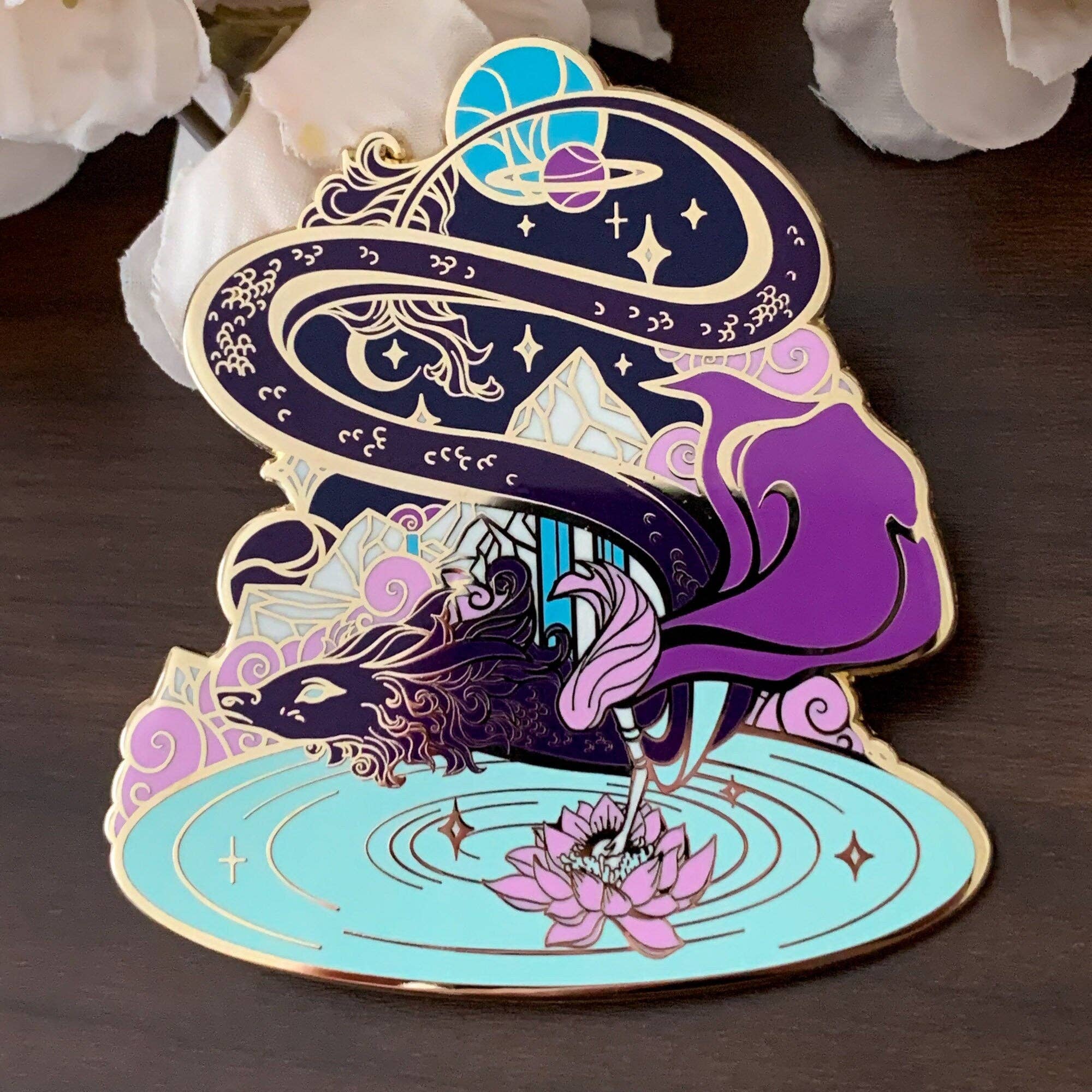 Keely Studios - Wholesale Lapel Pin/Button - Gold Celestial Garden Star Dragon Hard Enamel Pin2