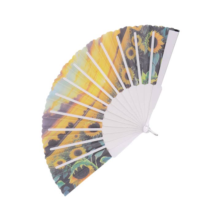 SORTIERT Sonnenblumenfeld Weißer Handfächer für den Großhandel auf Faire4