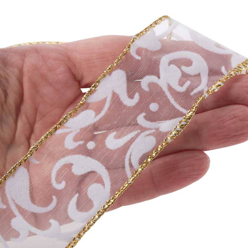 Factory Direct Craft - Vente Ruban – emballage cadeau - Bobine de ruban à bordure dorée avec tourbillon blanc (10 yds x 1-1/2 in)3