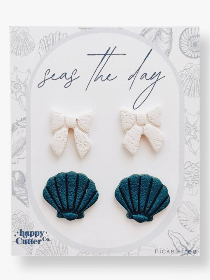 Beach Stud Earrings | Coquette Bow Blue Shell Clay Stud Pack for wholesale by Happy Cutter Co