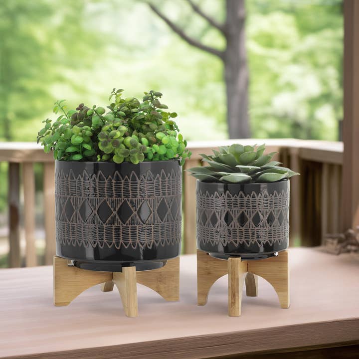 Sagebrook Home - Wholesale Plant Pot - 8/5 in. Black Ceramic Planter with Bamboo Wood Stand S/2