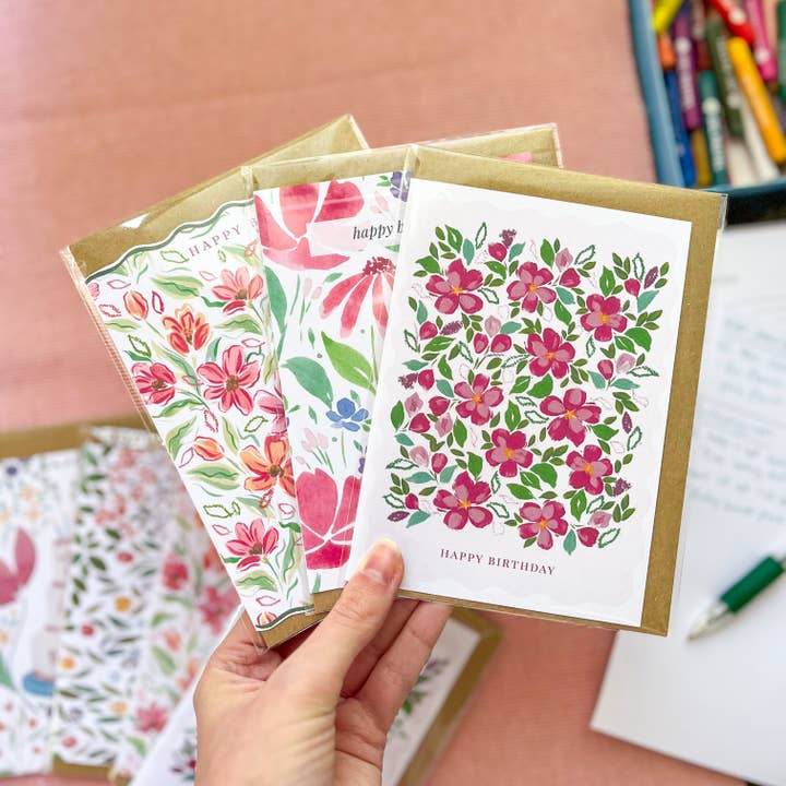 Pack of 3 Pink Floral Birthday Cards: Happy Birthday! for wholesale by tishpaints