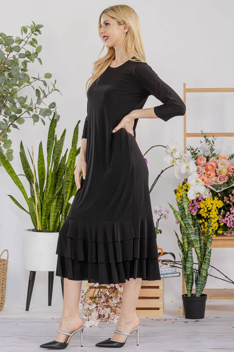 Celeste Clothing – Großhandel Kleid – Damen – Großgrößen-Midikleid mit gestuften Rüschen und 3/4-Ärmeln46