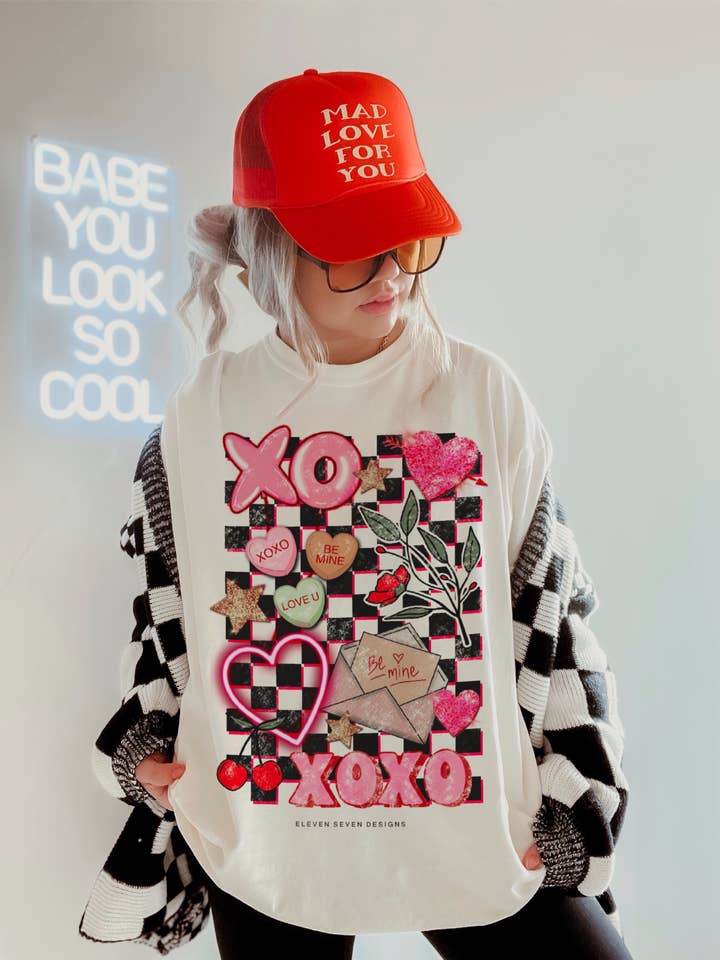 Checkered Valentine Icon Collage Tee for wholesale by Eleven Seven Designs