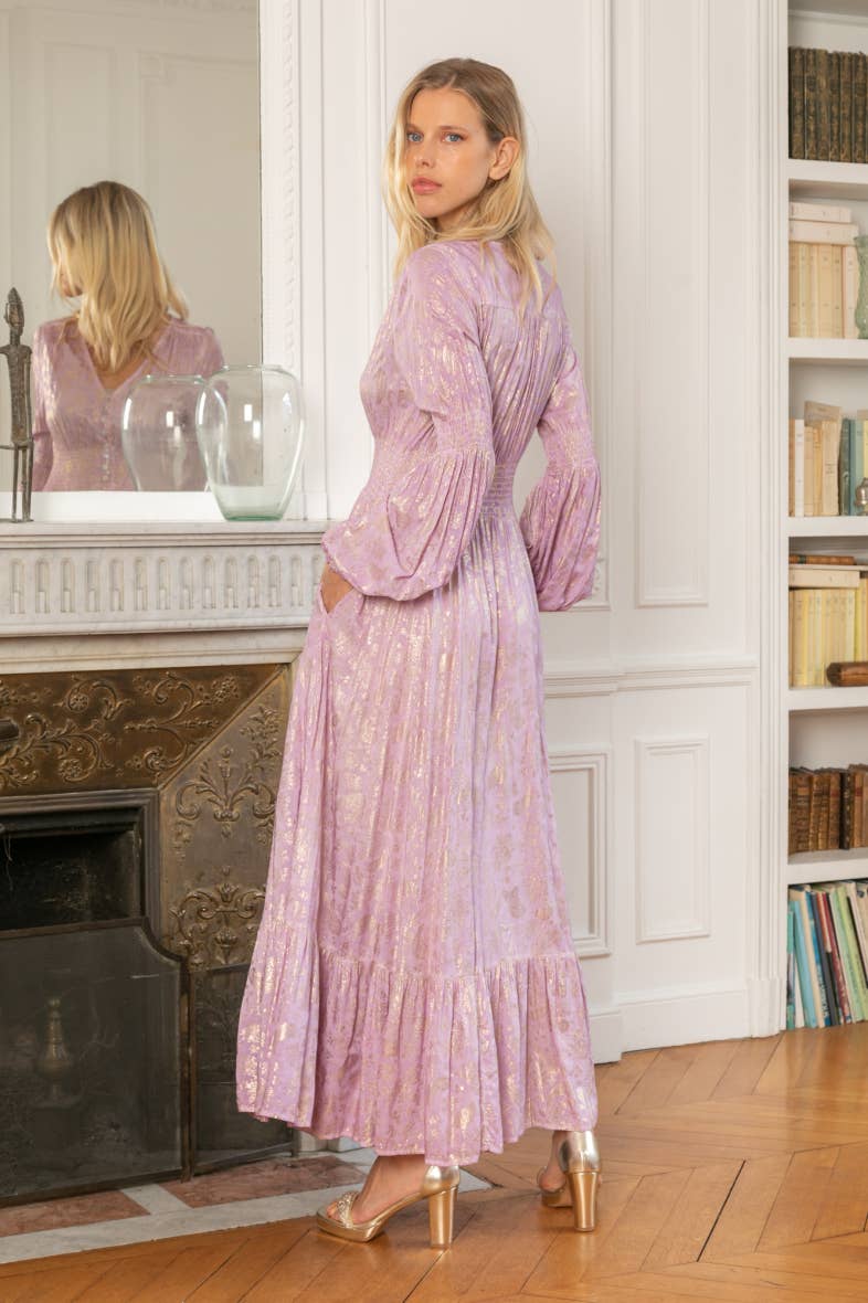Lilac Loose-fitting long dress with gilding effect print. for wholesale on Faire2