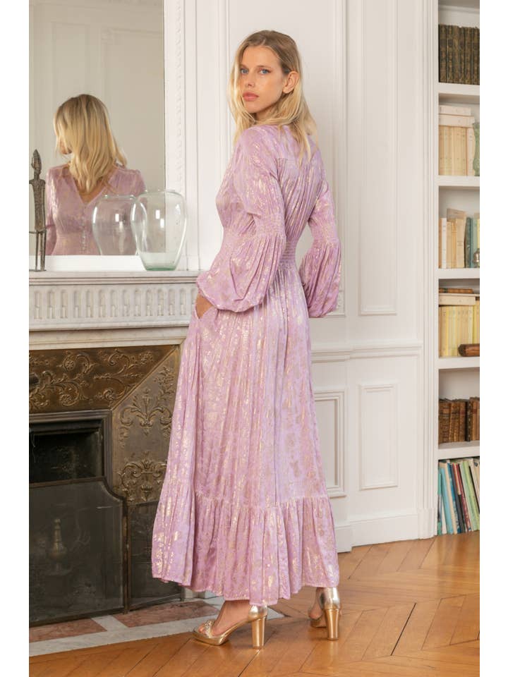 Lilac Loose-fitting long dress with gilding effect print. for wholesale on Faire2