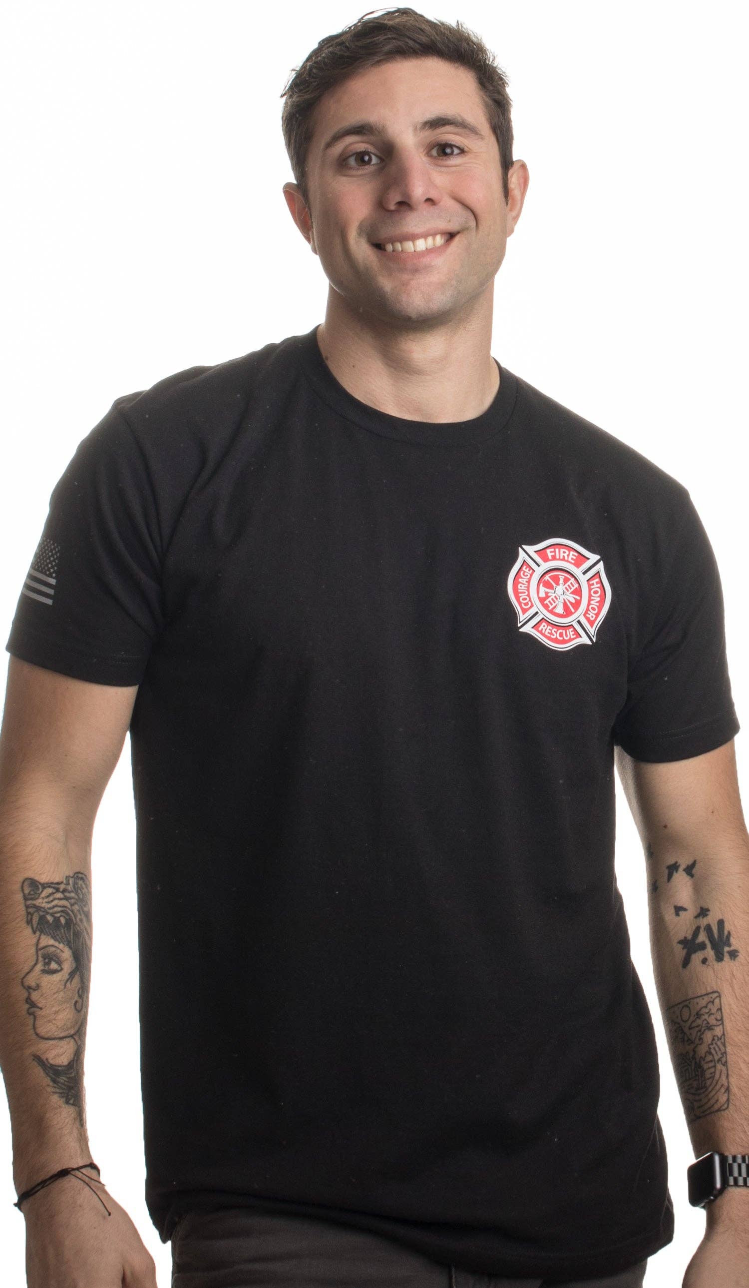 Black Fire & Rescue Maltese Cross Firefighter Honor T-shirt for wholesale on Faire2