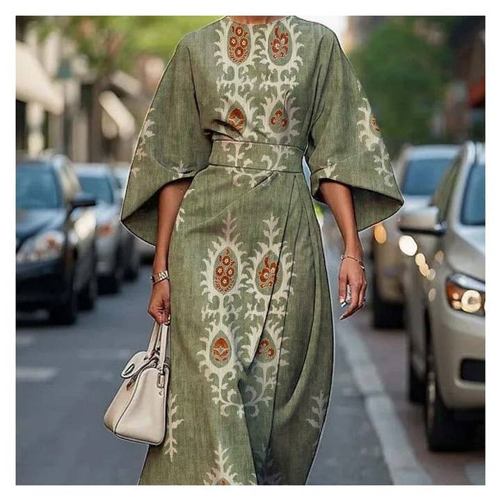 Sheer Trend - Wholesale Dress - Women's - Round Neck Printed Waist Midi Dress4