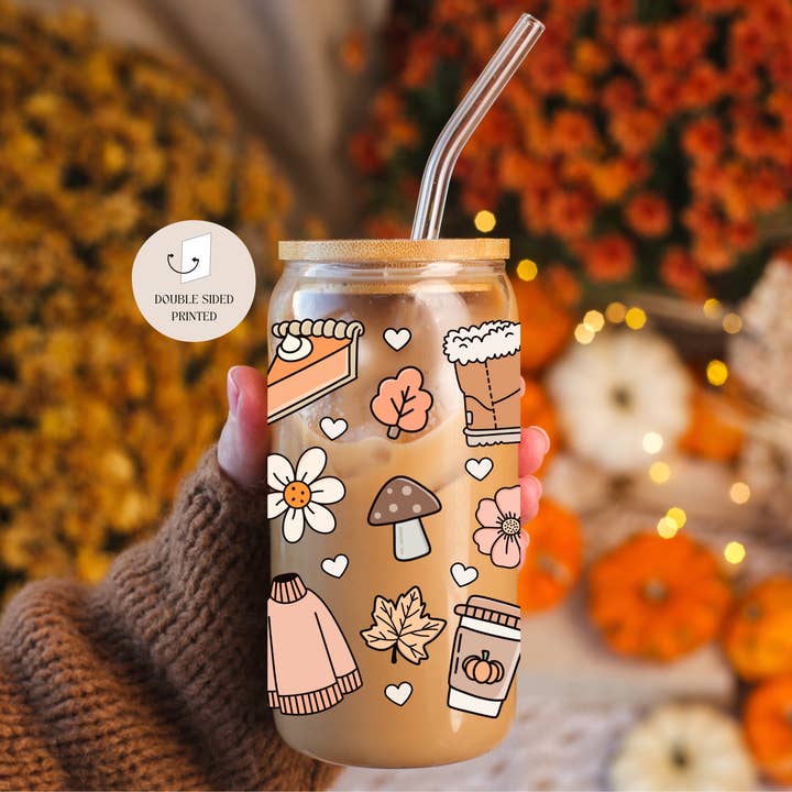 Vaso de Cristal de Ambiente Acogedor de Otoño Doble Cara + Tapa y Pajita para venta al por mayor de the cute cloud