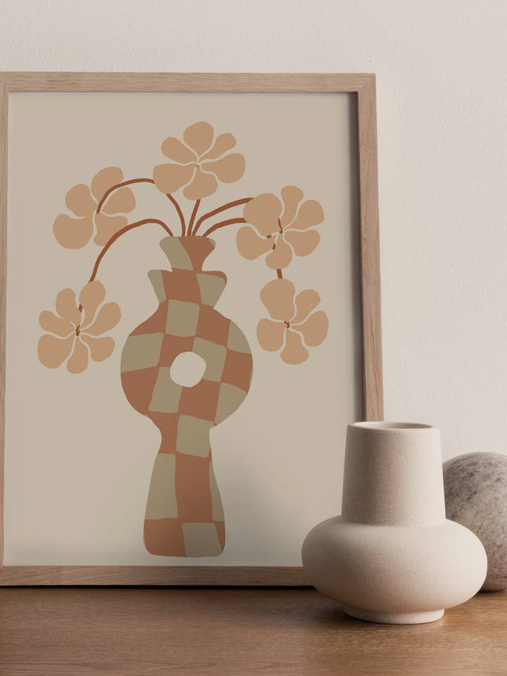 Abstract Floral Checkered Vase Art Print for wholesale by The Coastal Kind