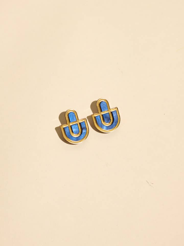 Devin 2 - Navy Blue Gold Acrylic Statement Stud Earrings for wholesale by Moon-Seed