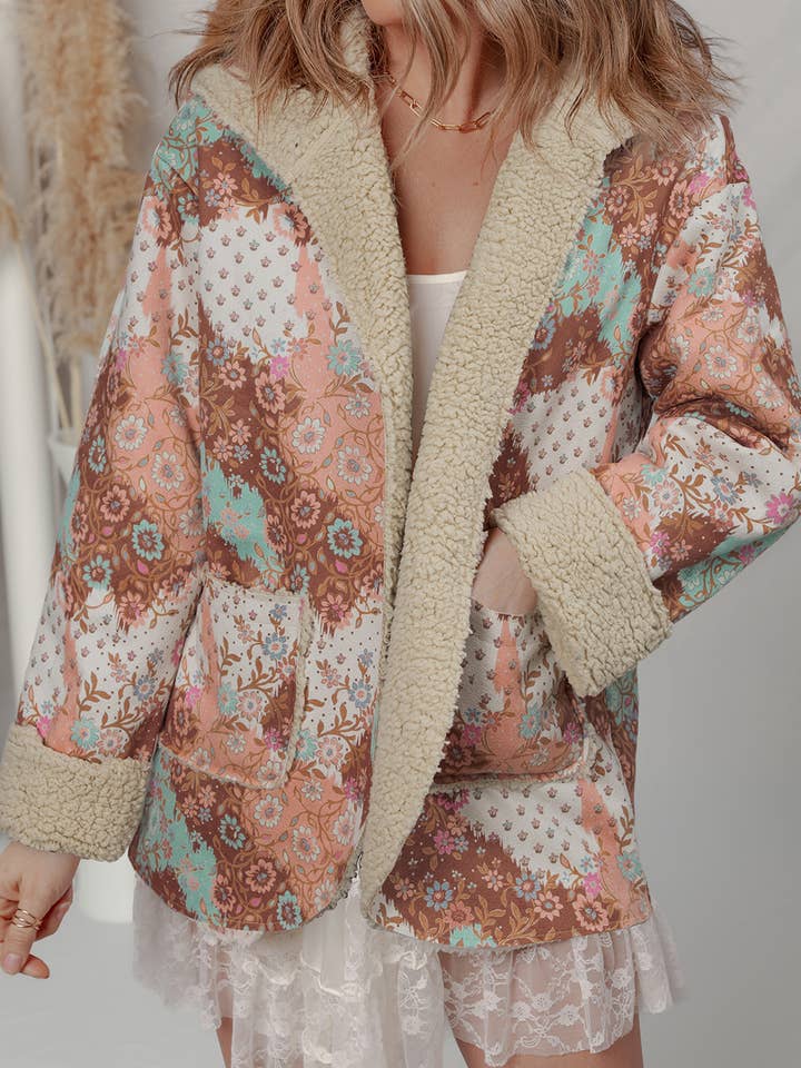 Lovesoft - Wholesale Jacket - Women's - Beige Vintage Paisley Floral Printed Sherpa Lined Hooded Jacket14