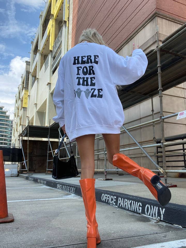 Here for the Booze Crewneck Sweatshirt|Women Fall Sweatshirt for wholesale by Distressed Vintage Couture