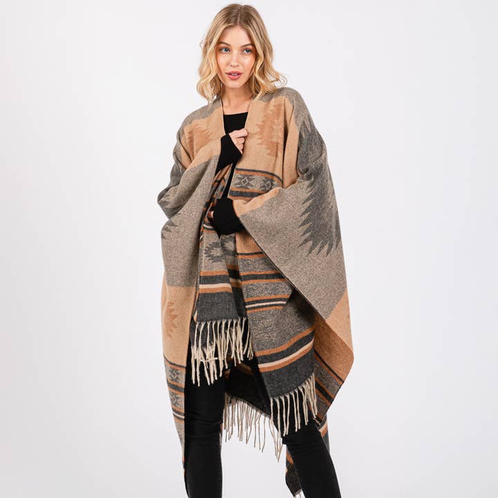 Hana – wholesale Kimono – Women's – Aztec Pattern with Fringe Ruana Winter Kimono8