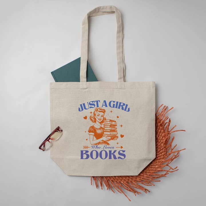 "Just a Girl Who Loves Books" Large Canvas Book Bag for wholesale by The Obstinate Octopus
