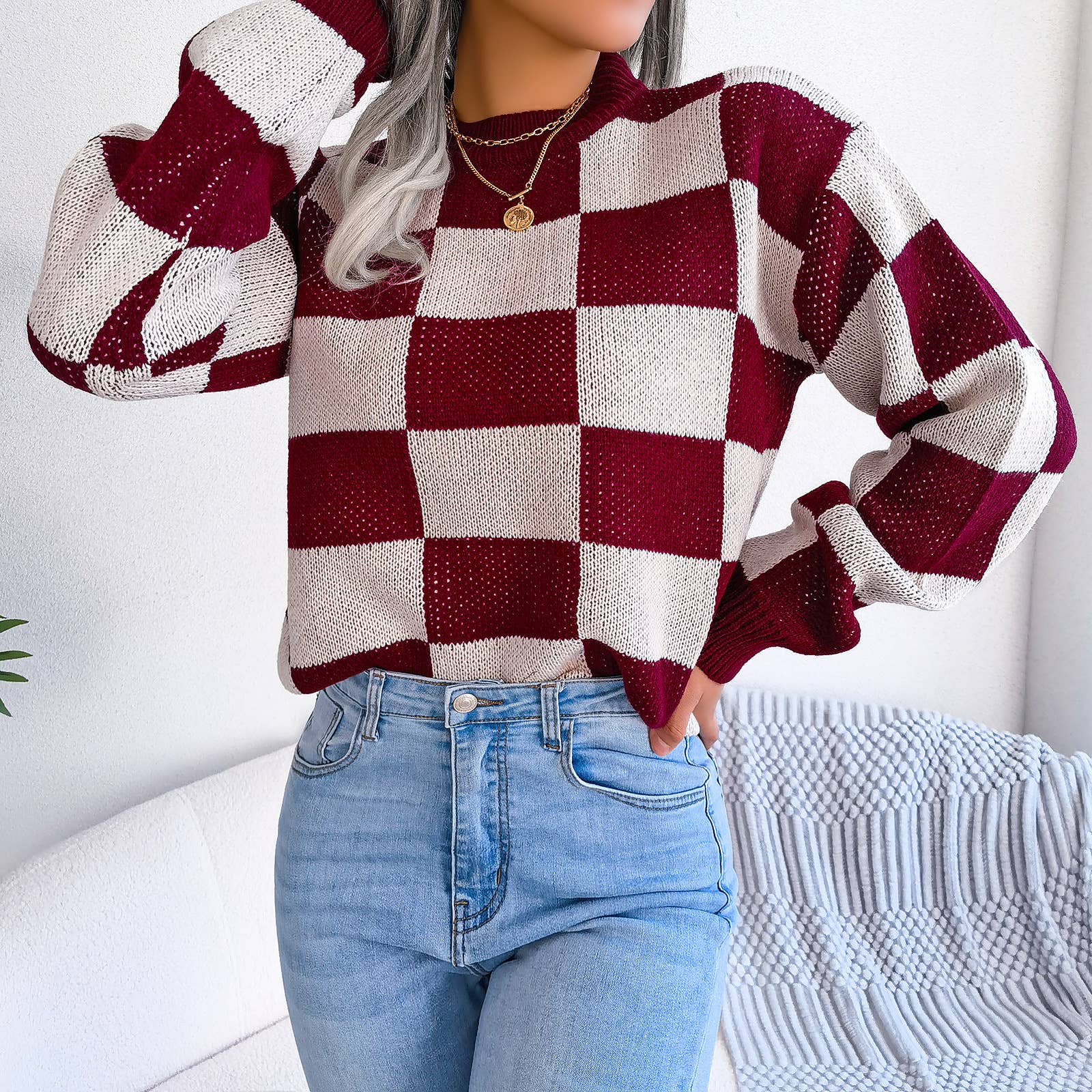 HIDDENBRAND - Wholesale Knit Sweater - Women's - Contrast plaid pullover knit sweater14