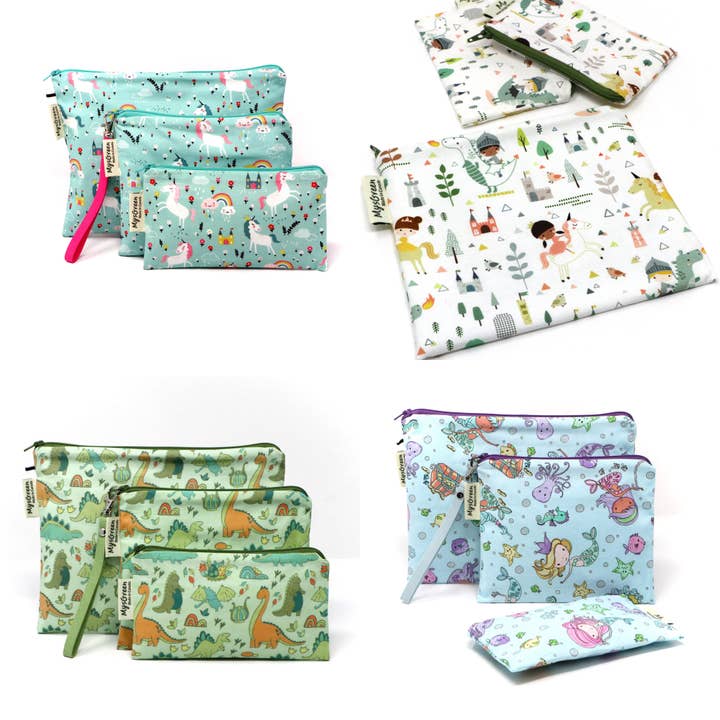 Dinosaur Unicorn Mermaid Printed Reusable Zipper Pouch Sets for wholesale by MYSGREEN