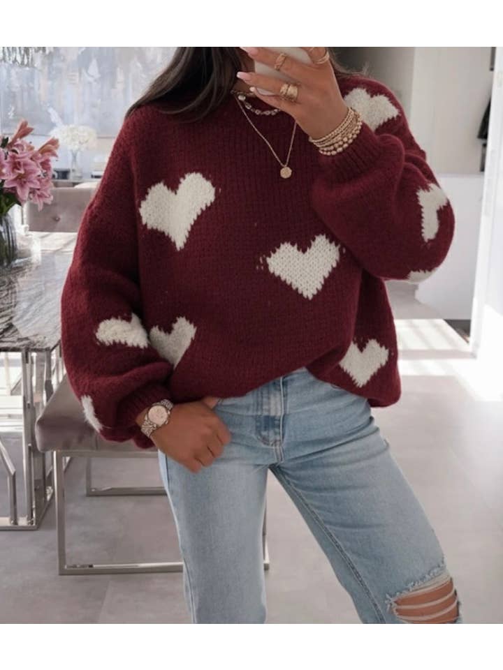 ESTEE BROWN - Wholesale Knit Sweater - Women's - Heart pattern wool knit sweater - 10731