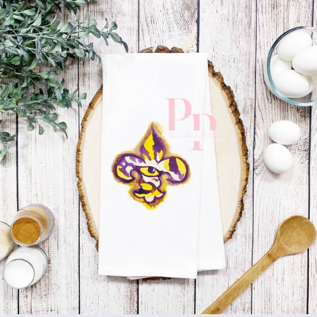 LSU fleur de lis tiger eye tea towel for wholesale by The Panicked Pelican