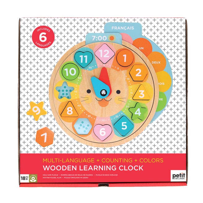 Multi-Language + Counting + Colors Wooden Learning Clock for wholesale by Petit Collage
