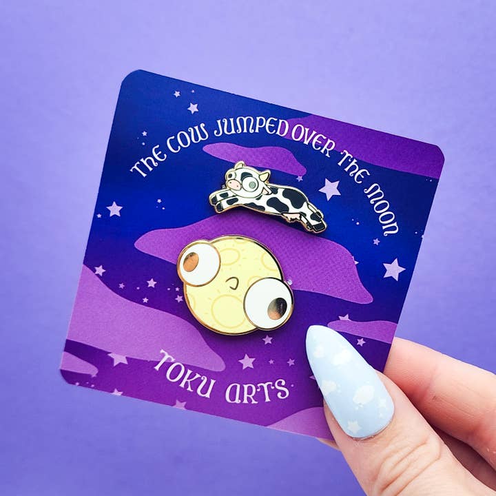 Cow Jumped over the Moon Enamel Pin Set for wholesale by Toku Arts