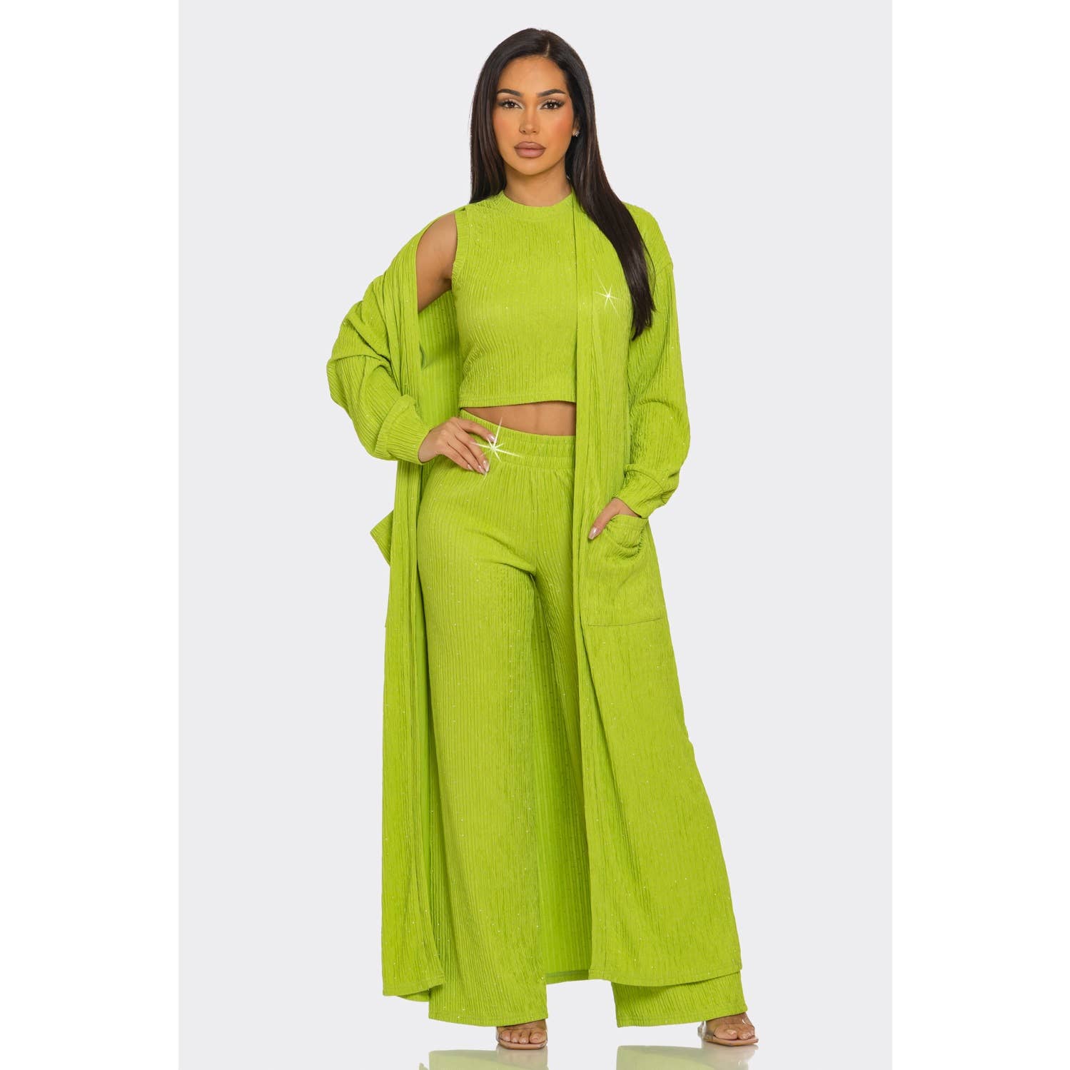 ITSSY – Engroshandel Loungesæt - Dame – Rhinestone Cardigan Crop Top Loungewear Buksesæt4