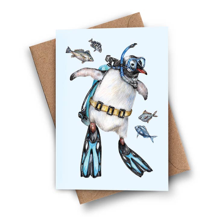 Biglietto di auguri con pinguino subacqueo Sullivan - Arte divertente per la vendita all'ingrosso da parte di Kayla Reay Design