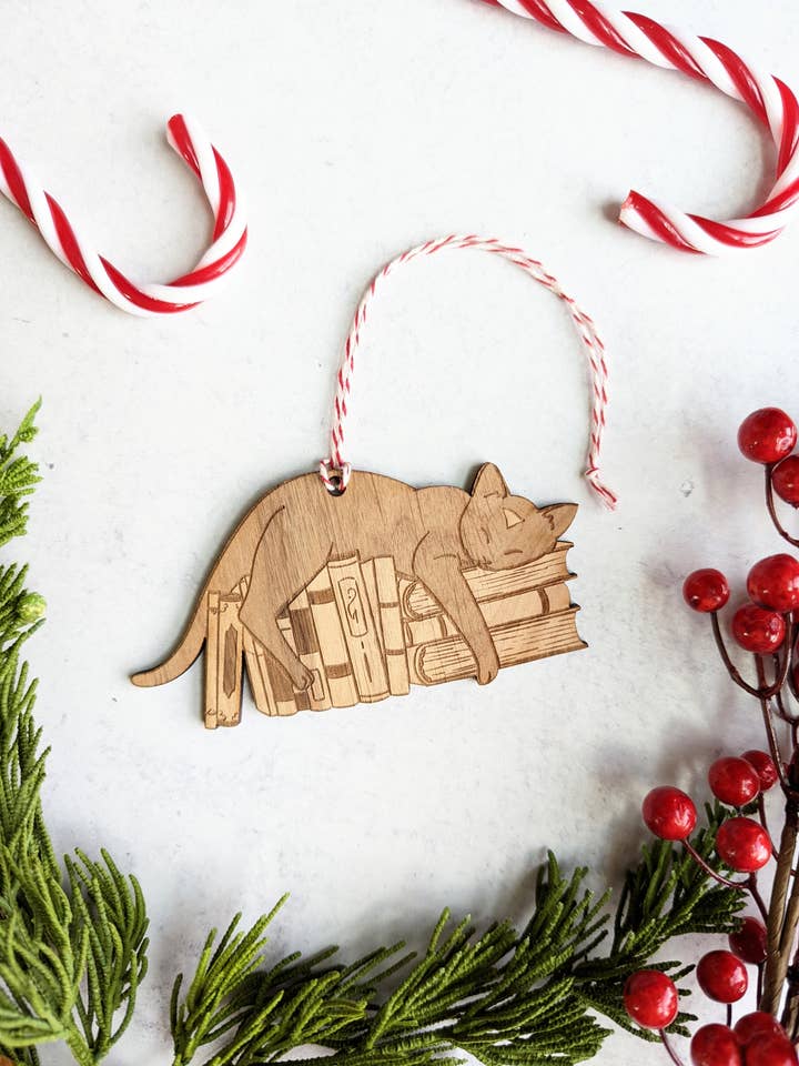 Were You Reading These? - Cat and Books Wooden Ornament for wholesale by Emberglow Gaming